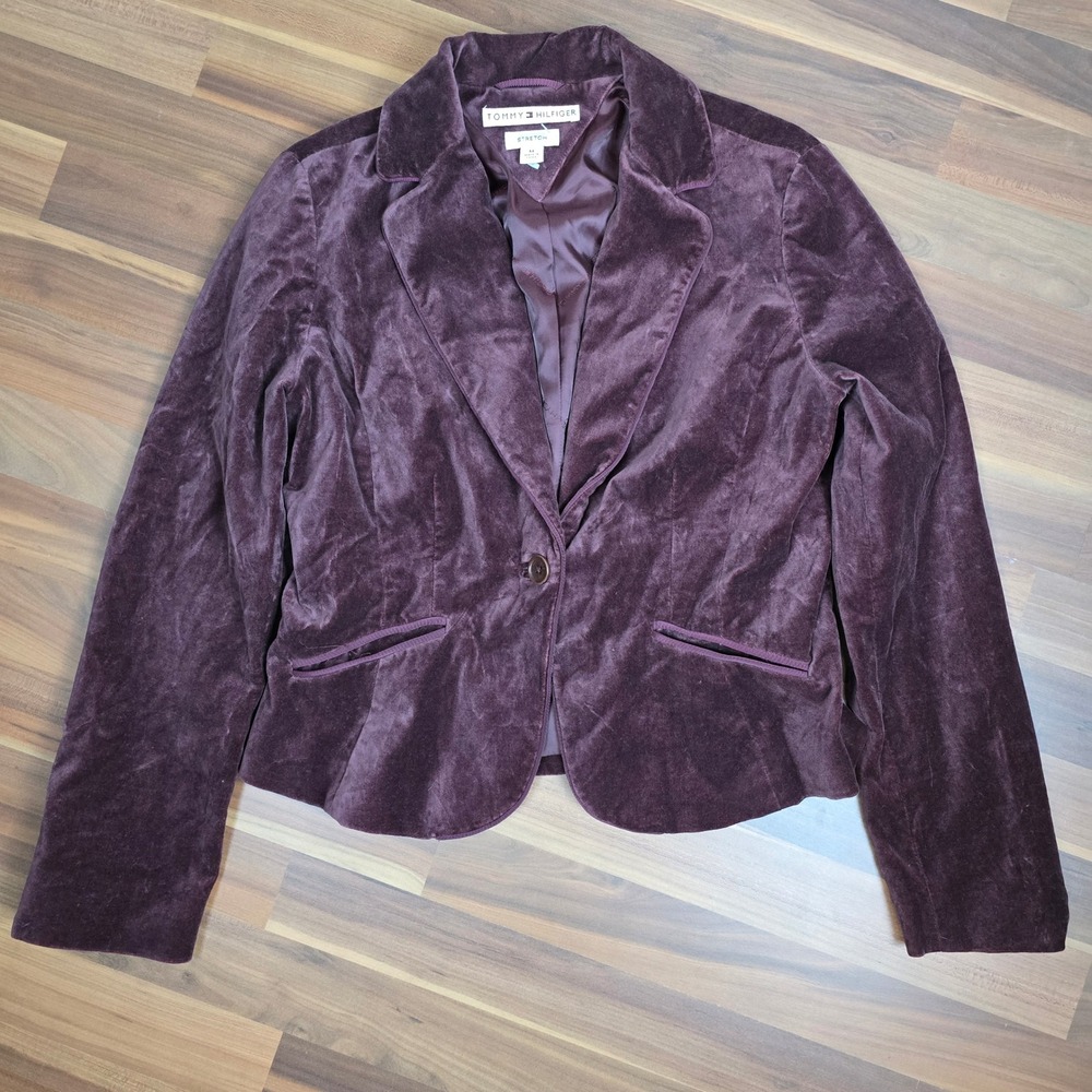 Vintage 2000s Tommy Hilfiger Plum Velvet Stretch Blazer Womens M Single Button
